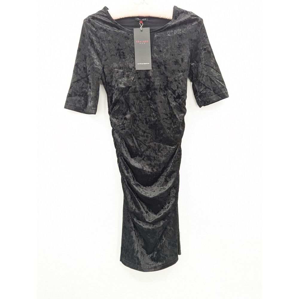 Goth Black Velvet Stretch Bodycon 3/4 Sleeve Mesh Crewneck Midi Dress Medium